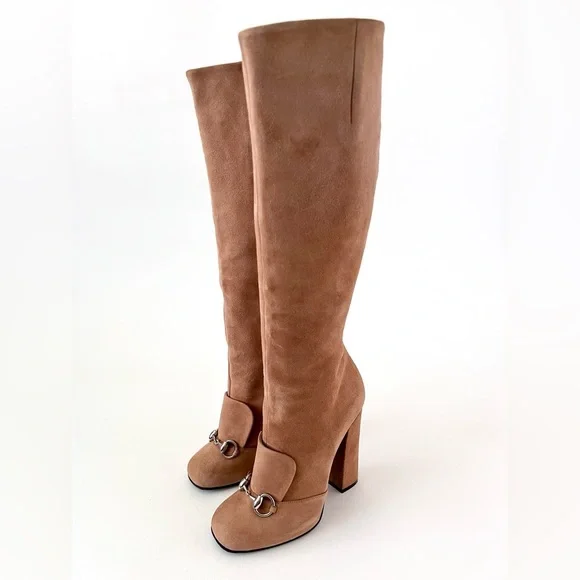 GUCCI | Lillian Horsebit Beige Tan Suede Leather Tall Knee High Heel Boot EU 37 - Picture 2 of 16